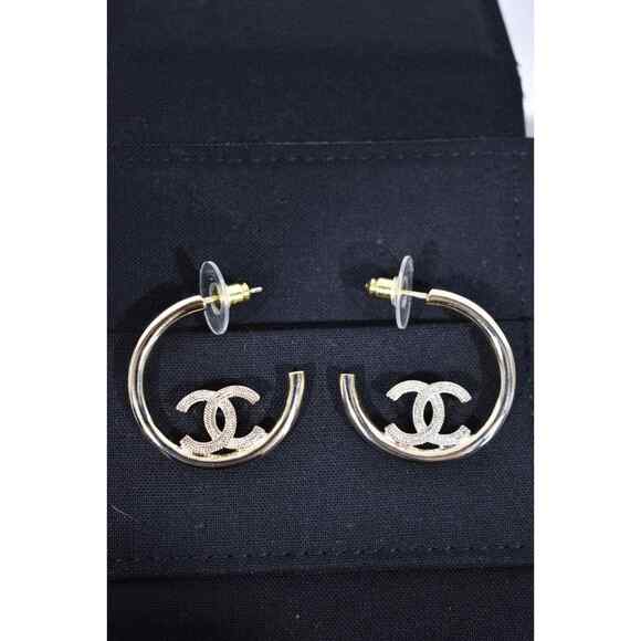 Chanel 22P Gold Metal Interlocking CC Logo Dangle Drop Statement Hoop Earrings - Picture 5 of 11